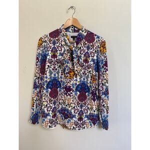 Talbots Floral Long Sleeved Blouse w/ Tie Neck Size Large Colorful Business